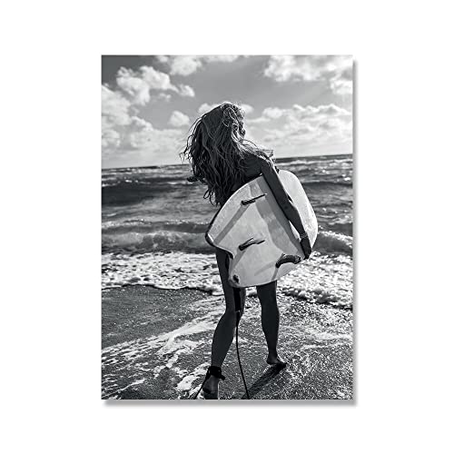 Schwarz Weiß Mädchen Surfen Strand Palme Wandkunst Leinwand Malerei Poster und Drucke Wandbilder for Wohnzimmer Dekor (Color : B, Size : 30X40cm No Frame) von ZCHX