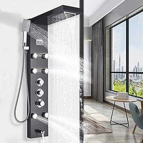 Schwarzer Thermostat Edelstahl Duschpaneel Duschschäude Duschschäude Dusche Duschsystem Regen Dusche Handdusche Dusche Duschschuhe 6x Massage Nearts von ZCHZCS