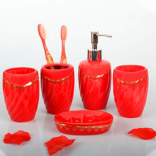 ZCXBHD Rotes Keramik-Badzubehörset - 1 Seifenschale 1 Seifenspender 2 Becher 1 Zahnbürstenhalter 5-TLG,C von ZCXBHD