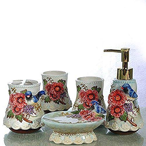 ZCXBHD Stilvolle Europäische Art-Keramik-Badezimmer-Set 3D Geschnitzte Blumen 5 Stück Bad-Accessoires-Set Seifenspender/Zahnbürstenhalter/Tumbler/Seifenschale von ZCXBHD