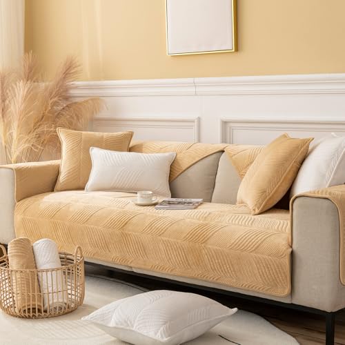 Sofa üBerzug Mit/Ohne Armlehne L U- Form Groß Chaiselongue Ecksofa Universal Sofabezug 1 2 3 4-Sitzer Weicher PlüSch Sofa BezüGe Rutschfester Sofaschoner Sofa Abdeckung(Pillowcase：45X45cm,Khaki) von ZCXRYFL