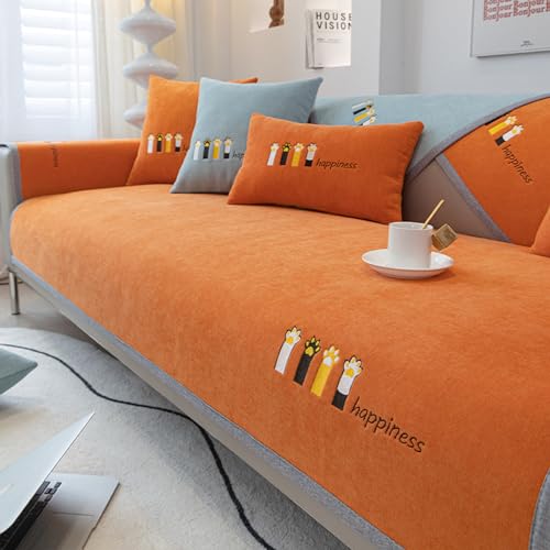 ZCXRYFL Couchbezug 1 2 3 4-Sitzer-Chenille Sofabezug rutschfeste SofaüBerwurfedecke L/U-Eck Schonbezug Katzen Hunde SchüTzen Abdeckung Baby-Krabbel Decken(90X160cm,Orange) von ZCXRYFL