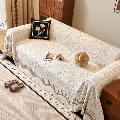 ZCXRYFL Sofa üBerwurfdecke FüR Katze Hunde Weiche Chenille Sofabezug Mit Quasten L/U-Form Couch üBerzug 1 2 3 4 Sitzer Sofa ÜBerwurfe Decken FüR Bett Stuhl, Waschbar(180X340cm,Beige) von ZCXRYFL