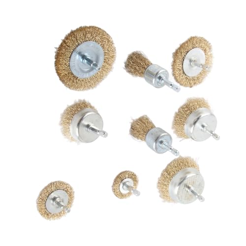 9pcs Bohrdrahtpinsel | 1/4 -Zoll -Hex -Schaft für Metallanlaufbehandlung/Holzpflege/Gebietsvorbereitung | Messingbeschichtete Kohlenstoffstahlräder & Becher und Endbürsten von ZCZDHNA