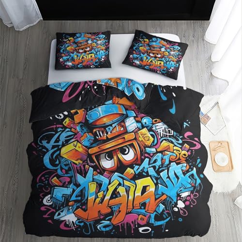 ZDABAOEC Bettwäsche Graffiti 140x200, Hip Hop Wendebettwäsche, 110gsm Microfaser Bettbezug 2er Set, Weich Kuschelig Bügelfrei, 1 Kopfkissenbezug 70x90, mit Reißverschluss von ZDABAOEC