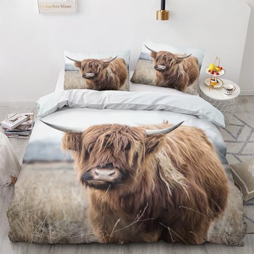 ZDABAOEC Bettwäsche Highland Cow 135x200, Hochlandrind Wendebettwäsche, Weiche Kuschelige Microfaser Bettbezug 2er Set, 1 Kopfkissenbezug 80x80, mit Reißverschluss von ZDABAOEC