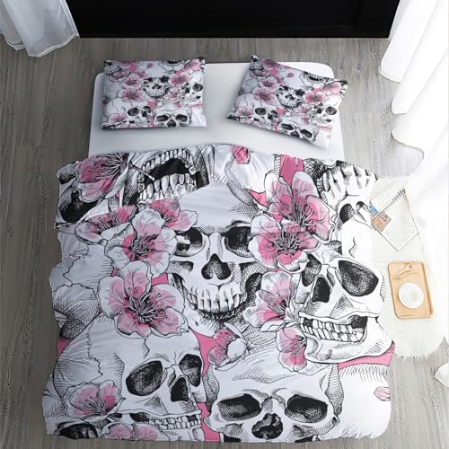 ZDABAOEC Bettwäsche Totenkopf 155x200, Blumen Schädel Wendebettwäsche, 110gsm Microfaser Bettbezug 2er Set, Weich Kuschelig Bügelfrei, 1 Kopfkissenbezug 80x80, mit Reißverschluss von ZDABAOEC