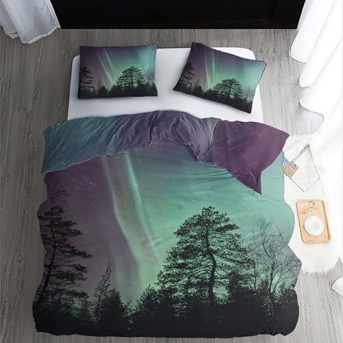 ZDABAOEC Bettwäsche Wald 135x200, Aurora Borealis Bäume Wendebettwäsche, 110gsm Microfaser Bettbezug 2er Set, Weich Kuschelig Bügelfrei, 1 Kopfkissenbezug 80x80, mit Reißverschluss von ZDABAOEC