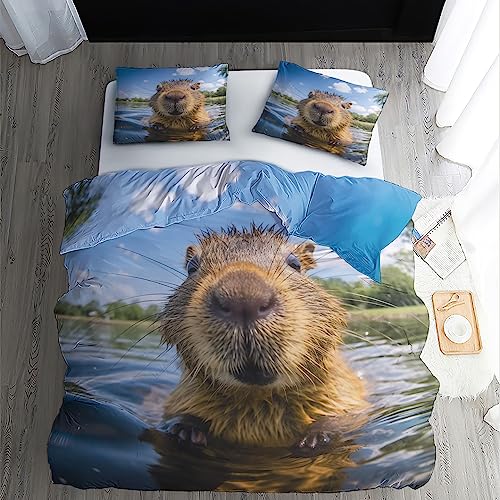 ZDABAOEC Capybara Bettwäsche 155x220, 3D Tiere Bettbezug 2er Set, 110gsm Microfaser Wendebettwäsche mit Reißverschluss, 1 Kopfkissenbezug 80x80, Weich Kuschelig Bügelfrei von ZDABAOEC