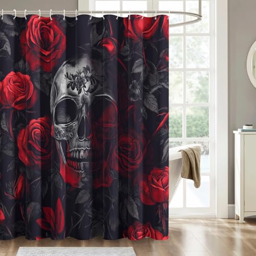 ZDABAOEC Duschvorhang Gothic Totenkopf, Duschvorhang 120x180 Rote Rose, Antischimmel Waschbar Duschvorhänge mit 12 Bad Vorhang Haken, Polyester Badewannenvorhang von ZDABAOEC