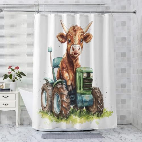 ZDABAOEC Duschvorhang Kuhmuster Traktor, Duschvorhang 200x200 Bauernhof Tiere, Antischimmel Waschbar Duschvorhänge mit 12 Bad Vorhang Haken, Polyester Badewannenvorhang von ZDABAOEC