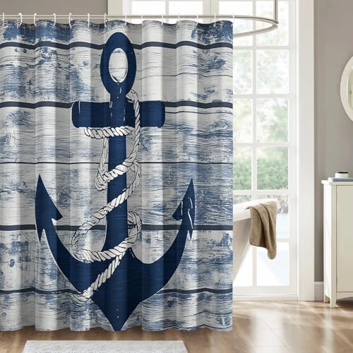 ZDABAOEC Duschvorhang Maritim Anker, Duschvorhang 180x180 Rustikal Holz, Antischimmel Waschbar Duschvorhänge mit 12 Bad Vorhang Haken, Polyester Badewannenvorhang von ZDABAOEC