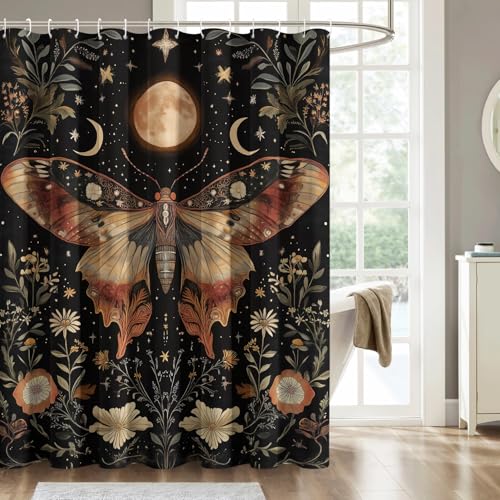 ZDABAOEC Duschvorhang Motte Gothic, Duschvorhang 120 x 200 Mond Floral, Antischimmel Waschbar Duschvorhänge mit 12 Bad Vorhang Haken, Polyester Badewannenvorhang von ZDABAOEC