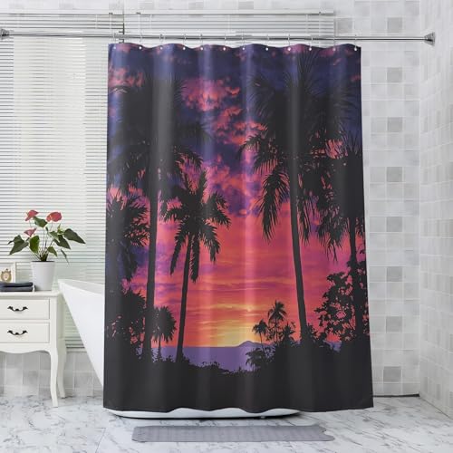 ZDABAOEC Duschvorhang Palmen, Duschvorhang 90x180 Sonnenuntergang Tropische Landschaft, Antischimmel Waschbar Duschvorhänge mit 12 Bad Vorhang Haken, Polyester Badewannenvorhang von ZDABAOEC