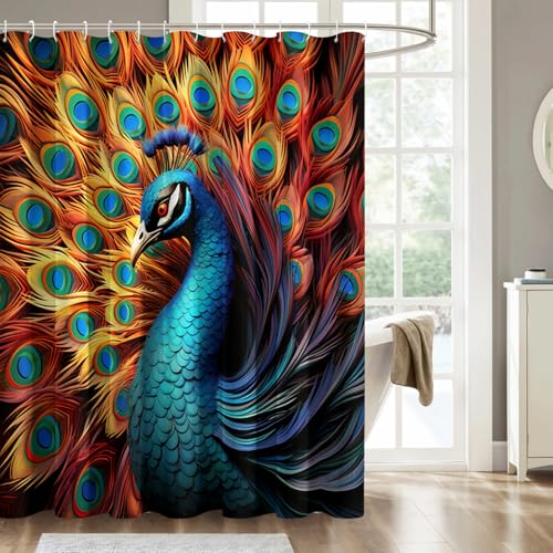 ZDABAOEC Duschvorhang Pfau, Duschvorhang 150x200 Bunte Federn, Antischimmel Waschbar Duschvorhänge mit 12 Bad Vorhang Haken, Polyester Badewannenvorhang von ZDABAOEC