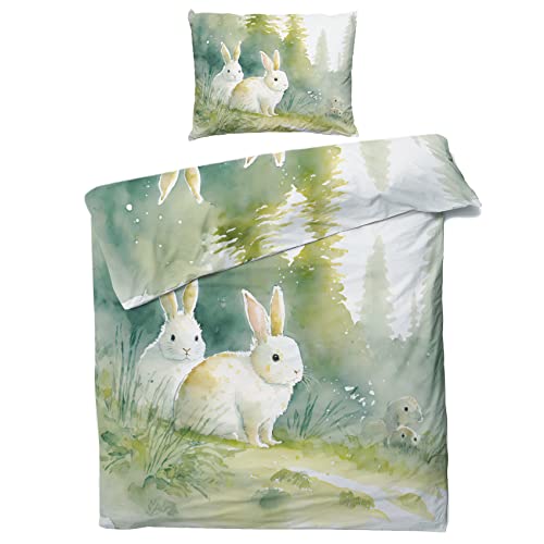 ZDABAOEC Kaninchen Bettwäsche 135x200 Kinder Mädchen, Weiche Microfaser Kinderbettwäsche 2er Set - 1 Bettbezug + 1 Kissenbezug 80x80, mit Reißverschluss, Wende Motiv von ZDABAOEC