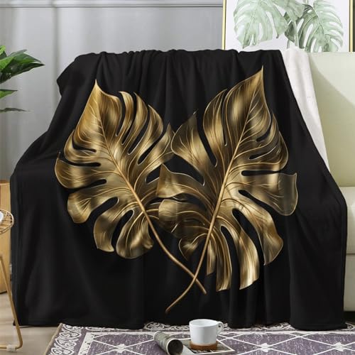 ZDABAOEC Kuscheldecke Flauschig Schwarz Gold Monstera Blätter Decke, Fleecedecke 220x240, Sofadecke & Couchdecke, Weiche Kuschelige Wohndecke Blanket, XXL Groß Decken für Sofa Couch von ZDABAOEC