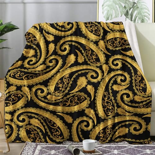 ZDABAOEC Kuscheldecke Flauschig Schwarz Gold Paisley Decke, Fleecedecke 130x150, Sofadecke & Couchdecke, Weiche Kuschelige Wohndecke Blanket, Klein Decken für Sofa Couch von ZDABAOEC