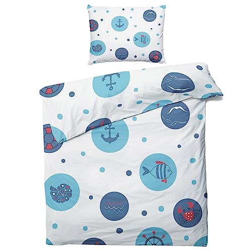 ZDABAOEC Ozean Maritime Bettwäsche 135x200 Kinder Jungen, 100% Microfaser Kinderbettwäsche 4teilig - 2 Bettbezug + 2 Kissenbezug 80x80, mit Reißverschluss, Wende Motiv von ZDABAOEC