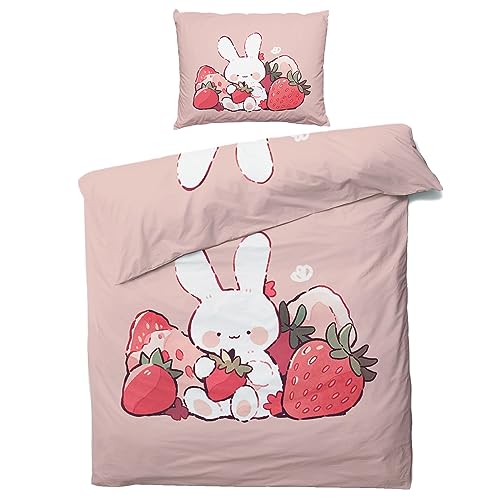 ZDABAOEC Rosa Erdbeer Hase Bettwäsche 135x200 Kinder Mädchen, Weiche Microfaser Kinderbettwäsche 2er Set - 1 Bettbezug + 1 Kissenbezug 80x80, mit Reißverschluss, Wende Motiv von ZDABAOEC