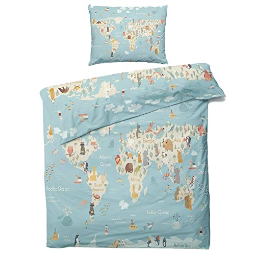 ZDABAOEC Tiere Weltkarte Kinderbettwäsche 100x135 Jungen Mädchen, Weiche Microfaser Kinder Baby Bettwäsche 2er Set - 1 Bettbezug + 1 Kissenbezug 40x60, mit Reißverschluss, Wende Motiv von ZDABAOEC