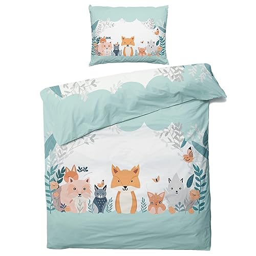 ZDABAOEC Wald Fuchs Bettwäsche 155x200 Kinder Jungen Mädchen, Weiche Microfaser Kinderbettwäsche 2er Set - 1 Bettbezug + 1 Kissenbezug 80x80, mit Reißverschluss, Wende Motiv von ZDABAOEC