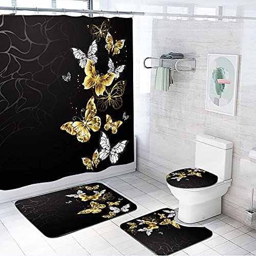 ZDDWLDL 3D Gedruckter Duschvorhang Set Mit Rutschfesten Teppichen Toilettendeckel Und Badematte Stoff Wasserdichtes Badezimmer Zubehör Badezimmerdekor,Schwarz-weißer Goldener Schmetterling,150x180 cm von ZDDWLDL