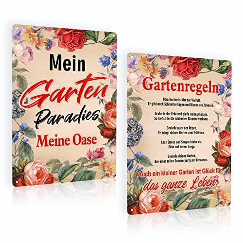 2er Set Blechschilder Garten 20x30cm - Gartenregeln - Mein Garten Paradies - Metallschild mit Lustig Spruch - Vintage Deko für Außen von ZDFDC