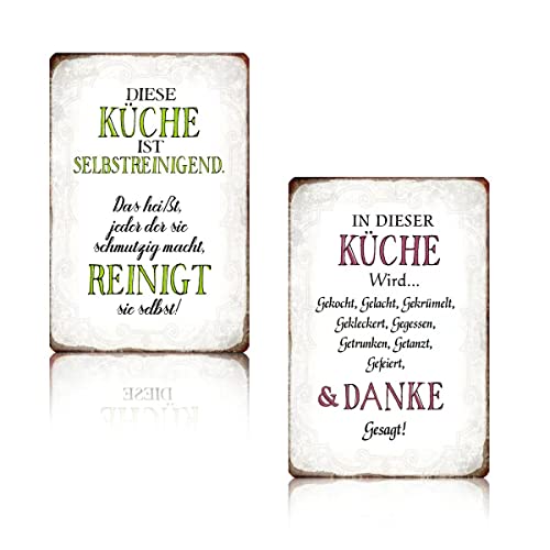 2er Set Retro Blechschild Küche - Metallschild mit Lustig Spruch - DIESE KÜCHE IST SELBSTREINIGEND - IN DIESER KÜCHE WIRD - Geschenk Schild von ZDFDC