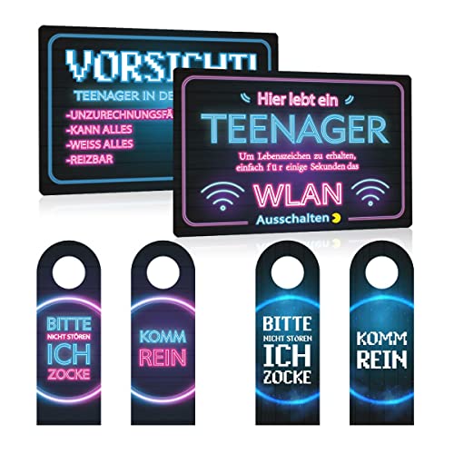 4er Set - Blechschild 20x30cm mit Lustige Sprüche - Hier lebt ein Teenager Wlan - Vorsicht Türschilder - Witzige Türhänger Bitte Nicht Stören Ich Zocke - Schild Deko Geschenk für Spielzimmer Zocker von ZDFDC