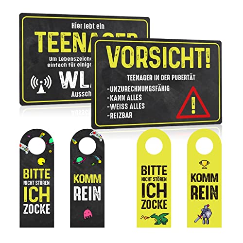 4er Set - Blechschild 20x30cm mit Lustige Sprüche - Hier lebt ein Teenager Wlan - Vorsicht Türschilder - Witzige Türhänger Bitte Nicht Stören Ich Zocke - Schild Deko Geschenk für Spielzimmer Zocker von ZDFDC