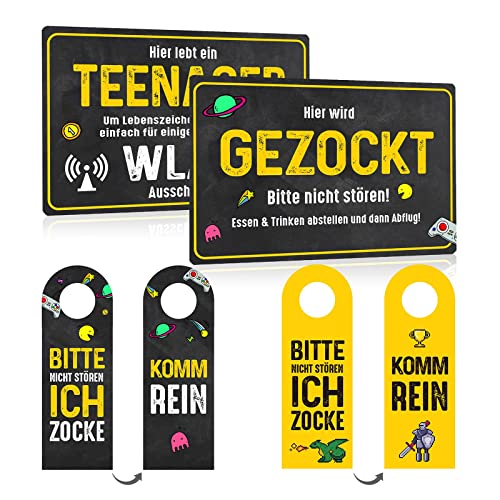 4er Set - Blechschild Teenager Zocken 20x30cm - Hier lebt ein Teenager Wlan - Hier wird Gezockt Türschilder - Türhänger Bitte Nicht Stören Ich Zocke - Schild Deko Geschenk für Spielzimmer Zocker von ZDFDC