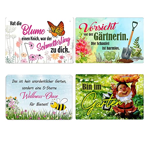 4er Set Blechschilder Garten 20x30cm - Wetterfest - Metallschild mit Lustig Spruch - Vintage Deko für Außen - Deko Geschenk von ZDFDC