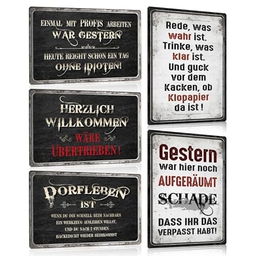 5ER SET - Retro Blechschilder Sprüche Lustig - DORFLEBEN - HERZLICH WILLKOMMEN WÄRE ÜBERTRIEBEN - Metall-schilder mit Sprüchen Witzige Wanddeko Geschenk - DIN A4 von ZDFDC