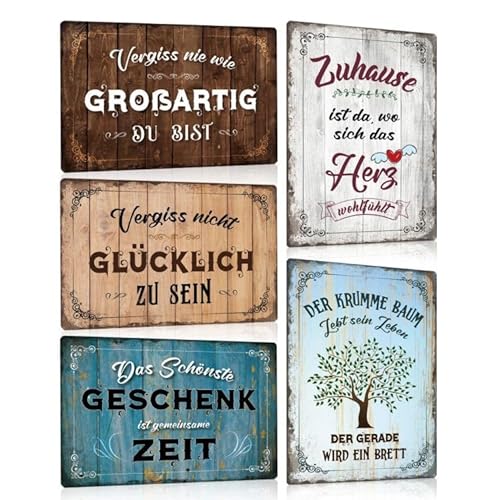 5er Blechschilder Set Retro Sprüche - ZUHAUSE FAMILIE GLÜCK FREUNDE LEBEN - Vintage Metall-schilder mit Sprüchen - Wanddeko Geschenk für Garten Einzug Richtfest Einzugsgeschenke Haus - DIN A4 (SET B) von ZDFDC