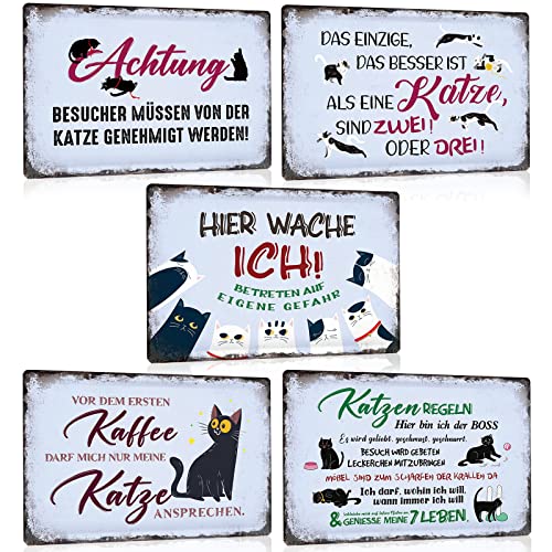 5er Set Katze Retro Blechschild Sprüche 20x30cm - Vintage Katzen-Regeln Schild mit Lustiger Spruch - Achtung Cat - HIER WACHE ICH - Metall-Schild Poster Geschenk für Katzen-Liebhaber von ZDFDC