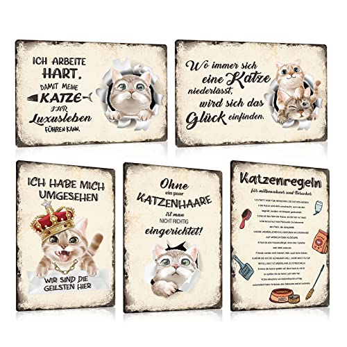 5er Set Katze Vintage Blechschild Sprüche 20x30cm - Katzen-Regeln Retro Schild mit Lustiger Spruch - LUXUSLEBEN - Metall-Schild Poster Geschenk für Katzen-Liebhaber von ZDFDC