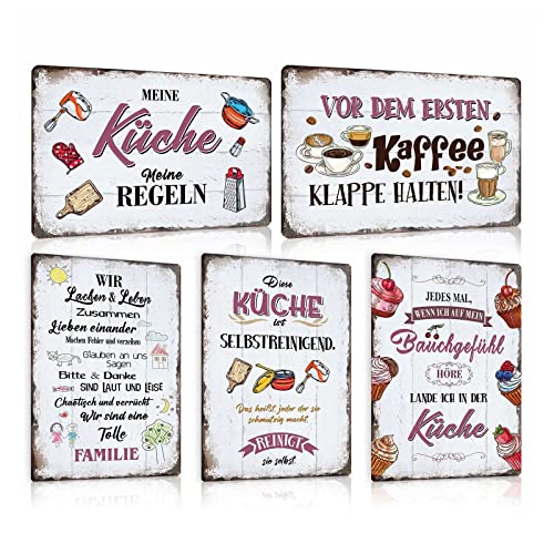 5er Set Retro Blechschild Küche mit Lustig Spruch - DIESE KÜCHE IST SELBSTREINIGEND - MEINE KÜCHE MEINE REGELN - Vintage Metallschild Wand-schild Küchen-deko als Geschenk und Familie Schild 20x30cm von ZDFDC