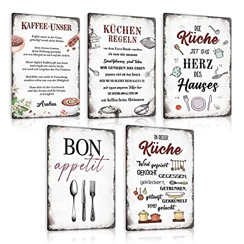 5er Set Retro Blechschild Küche mit Spruch - KAFFEE UNSER - KÜCHEN REGELN - BON APPETIT - Vintage Metallschild Wand-schild Küchen-deko als Geschenk und Dekoration 20x30cm von ZDFDC