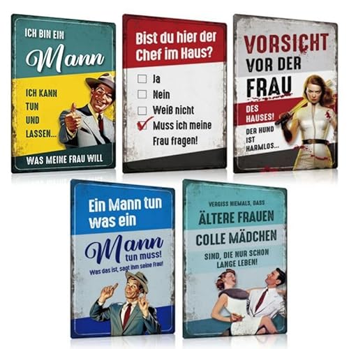 5er Set Retro Blechschilder Sprüche Lustig - VORSICHT VOR DER FRAU DES HAUSES - EIN MANN MUSS - Witzige Funny Humor Spruch Wanddeko Geschenk-Idee für Mann Frau - DIN A4 von ZDFDC