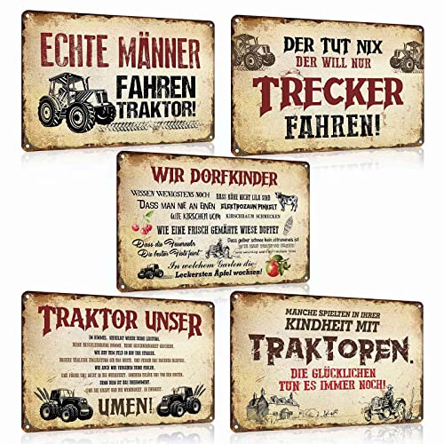 5er Set Retro Blechschilder Traktor Lustiger Spruch - ECHTE MÄNNER FAHREN TRAKTOR - WIR DORFKINDER - TRAKTOR UNSER - Vintage Trecker Schild Wand Deko Metallschild Poster Türschilder Geschenk 20x30cm von ZDFDC