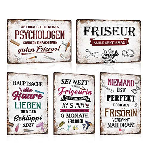 5er Set Vintage Blechschild Friseur Lustig Sprüche - Retro Metallschild Barber Shop mit Witziger Spruch - Shaaby Chic Friseursalon Schild Wandschild Wanddekoration Geschenk 20x30cm von ZDFDC