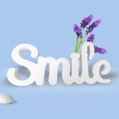 ZDFDC Holzbuchstabe Deko - Smile Wooden Letters Sign Decorative,Holzdeko Zum Hinstellen,Home Deko Weiß 20×10cm von ZDFDC