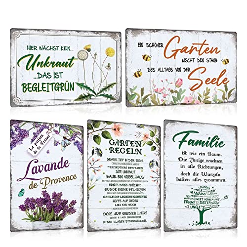 ZDFDC 5er Blechschilder Set Garten 20x30cm - Vintage Gartenschilder mit Sprüchen Lustig - Garten-regeln - Lavande Blumen - Wetterfest Metall-schild Deko Geschenk für Gärtner Gartentor Draußen von ZDFDC