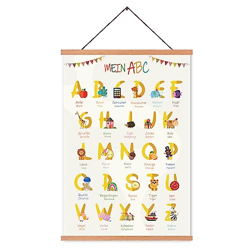 ZDFDC Kinderzimmer Poster,Alphabet Poster,ABC Deutsch Poster,Niedlich Muster Wandbilder auf Leinwand in A2-Größe mit Teakholz-Holzposterleiste und Magnetbefestigung(Weiß) von ZDFDC