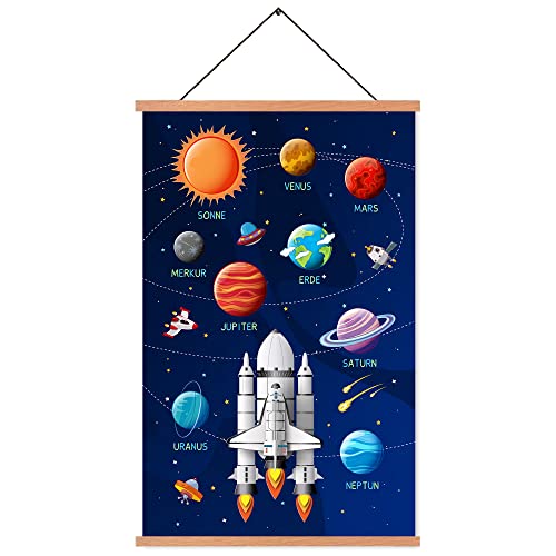 ZDFDC Kinderzimmer Poster,Sonnensystem-Planeten-Rakete Themen Wandbilder(Deutsch),Holz Posterleiste,Magnetischer,AufhäNgen(40x65cm,Leinwand+Teak) von ZDFDC