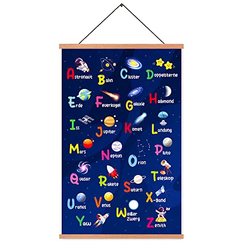 ZDFDC Kinderzimmer Poster,Weltraum-Planeten-Astronaut Themen ABC Alphabet Wandbilder(Deutsch),Holz Posterleiste,Magnetischer,AufhäNgen(40x65cm,Leinwand+Teak) von ZDFDC