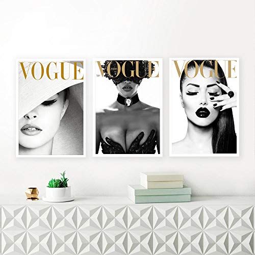 ZDFDC Leinwanddruck Gemälde Vogue Cover White Hat Poster und Drucke Wandkunst Bilder für Wohnzimmer Schlafzimmer Dekor Bild-40x60cmx3 ohne Rahmen von ZDFDC