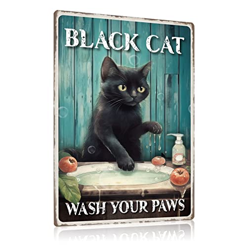 ZDFDC Schwarze Katze Vintage Blechschilder mit Lustig Spruch - BLACK CAT WASH YOUR PAWS - Retro Katzen Metall-schild Poster Wanddeko für Bade-zimmer WC Toilette Gästebad klo 20x30cm von ZDFDC