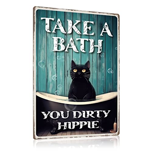 ZDFDC Schwarze Katze Vintage Blechschilder mit Lustig Spruch - TAKE A BATH YOU DIRTY HIPPIE - Retro Katzen Metall-schild Poster Wanddeko für Bade-zimmer WC Toilette Gästebad klo 20x30cm von ZDFDC